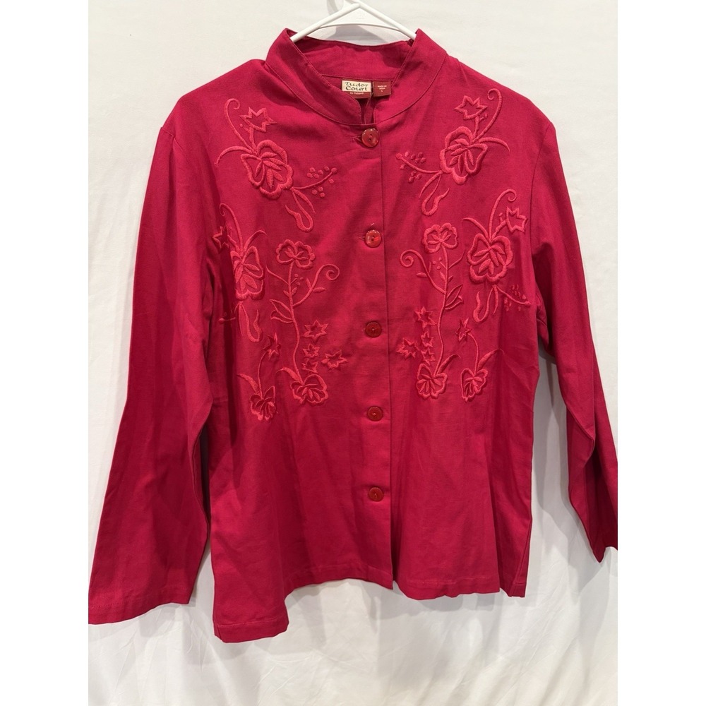 Tudor Court by Haband Top L Red Cotton Blend Floral Embroidered Mandarin Jacket